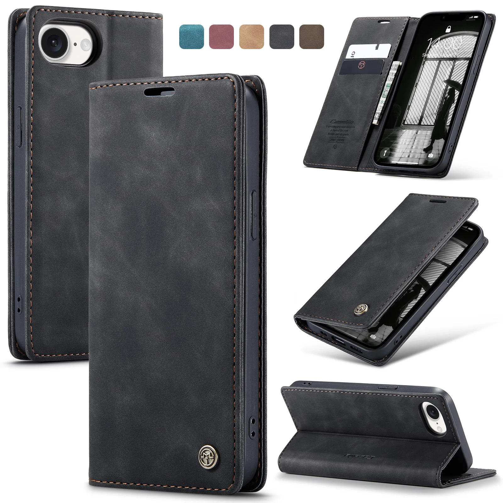 

Case For iPhone 17e 16e Premium Faux Flip RFID Protective Cover Magnetic Card Holder Stand Function Cover