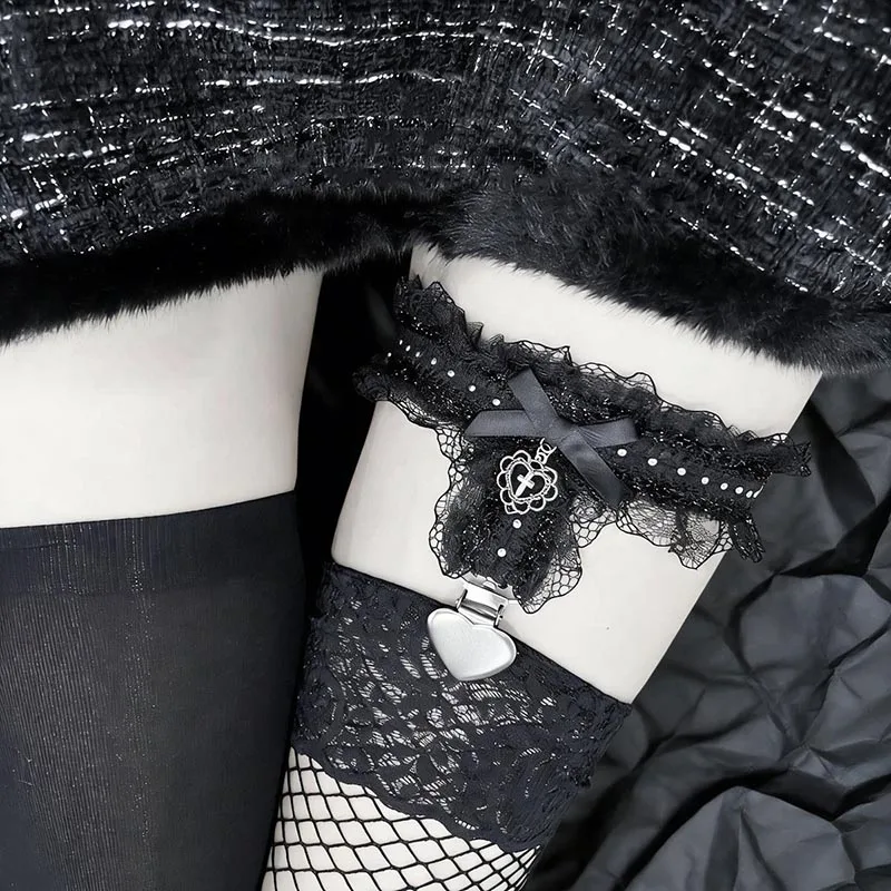 Dark Gothic Lolita Lace Ruffle Trim Heart Leg Ring Subculture Y2K Girl Bow Sexy Women's Harajuku Punk Cross Delicate Accessory