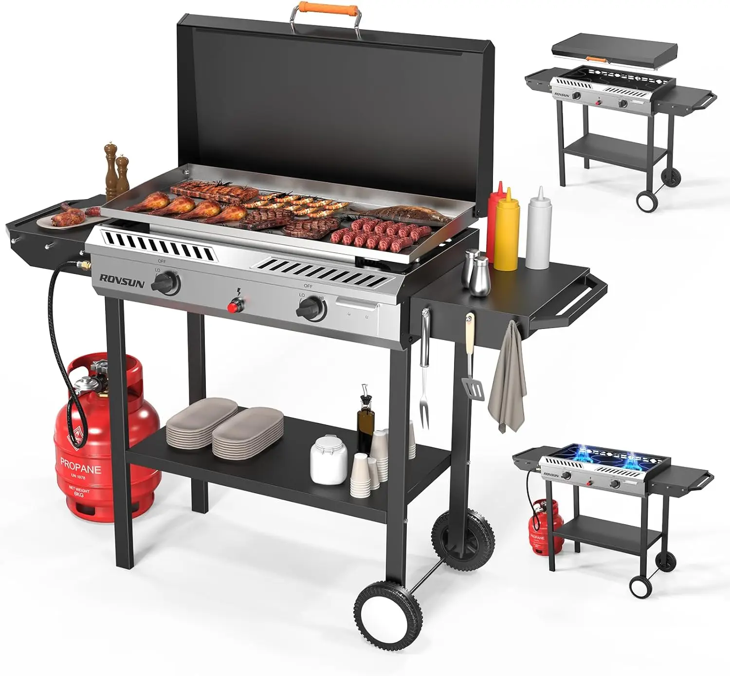

150,000 BTU 2-Burner Propane Gas Stove & 30-Inch Griddle Combo with Ignition, Side Shelves, Rolling Wheel, and Regulator - Perfect for Home Outdoor Backyard Camping Cooking and Grilling