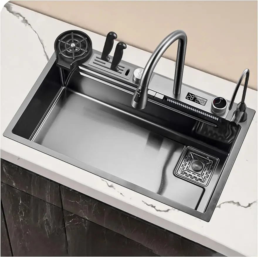 

Smart Nano Anti-Scratch Multifunction Knife Holder Double Bowl Square Counter Waterfall Stainless Steel Kitchen Sink Set