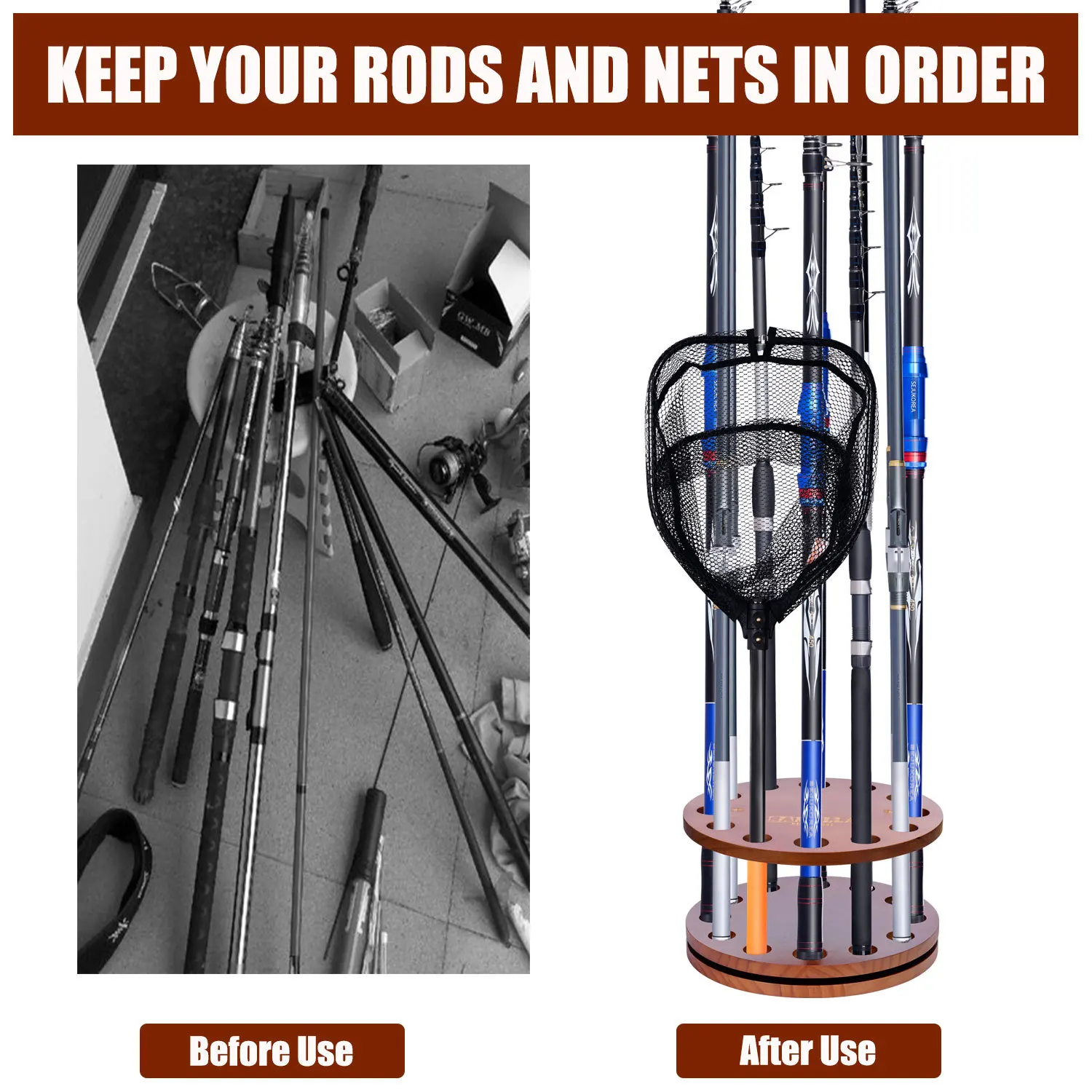 

360 ° Вращающийся деревянный 12-слотовый круглый держатель для удочки, компактный органайзер для хранения, стойка для удочек, дизайн рыболовных снастей