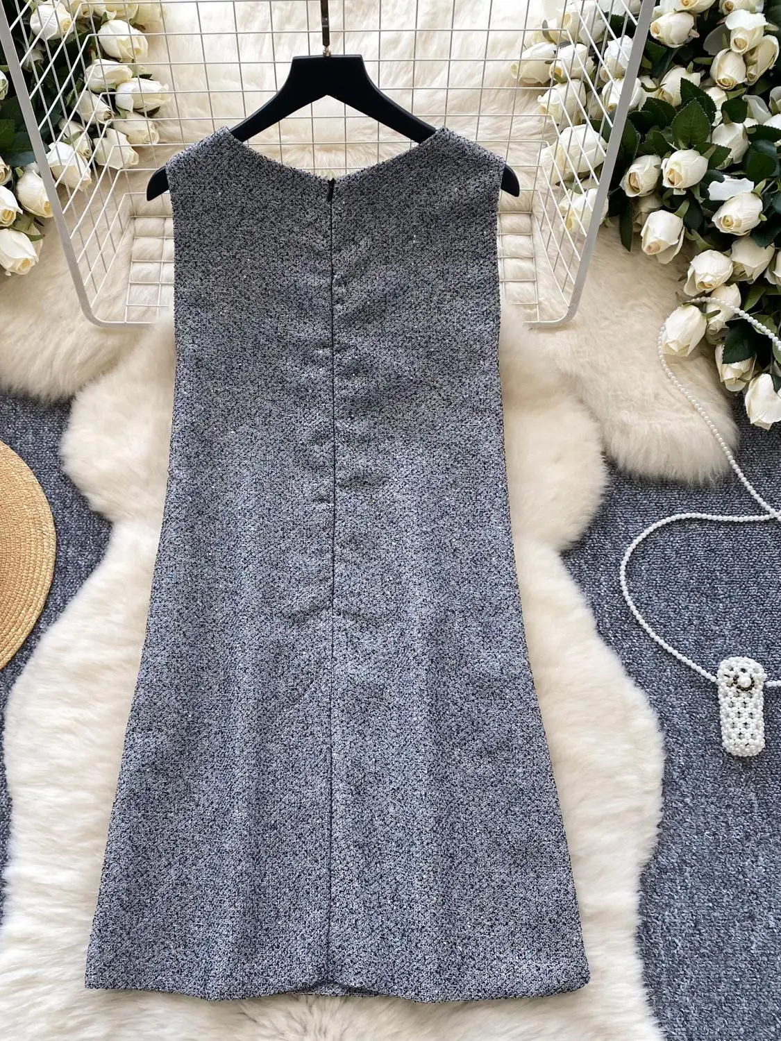 가을 겨울 신상 여성 고급 감성 스몰 프래그런스 윈드 나비 매듭 자수 루즈 슬림 A라인 베스트 드레스