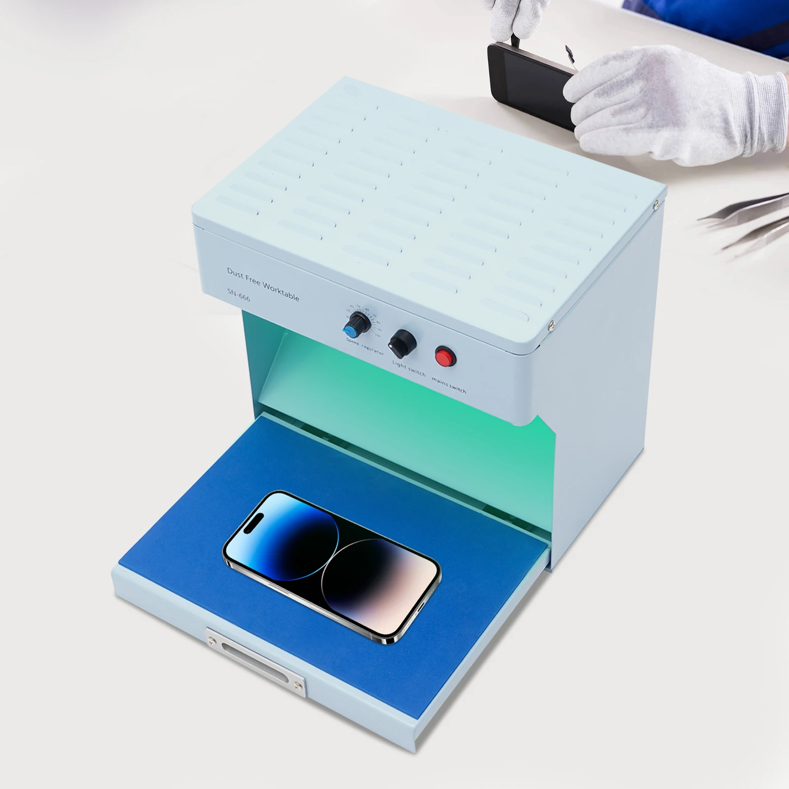 Estação de trabalho de chapa metálica de banco limpo de fluxo de ar, estação de trabalho retangular azul bebê 110V sem poeira para reparo de telefone LCD