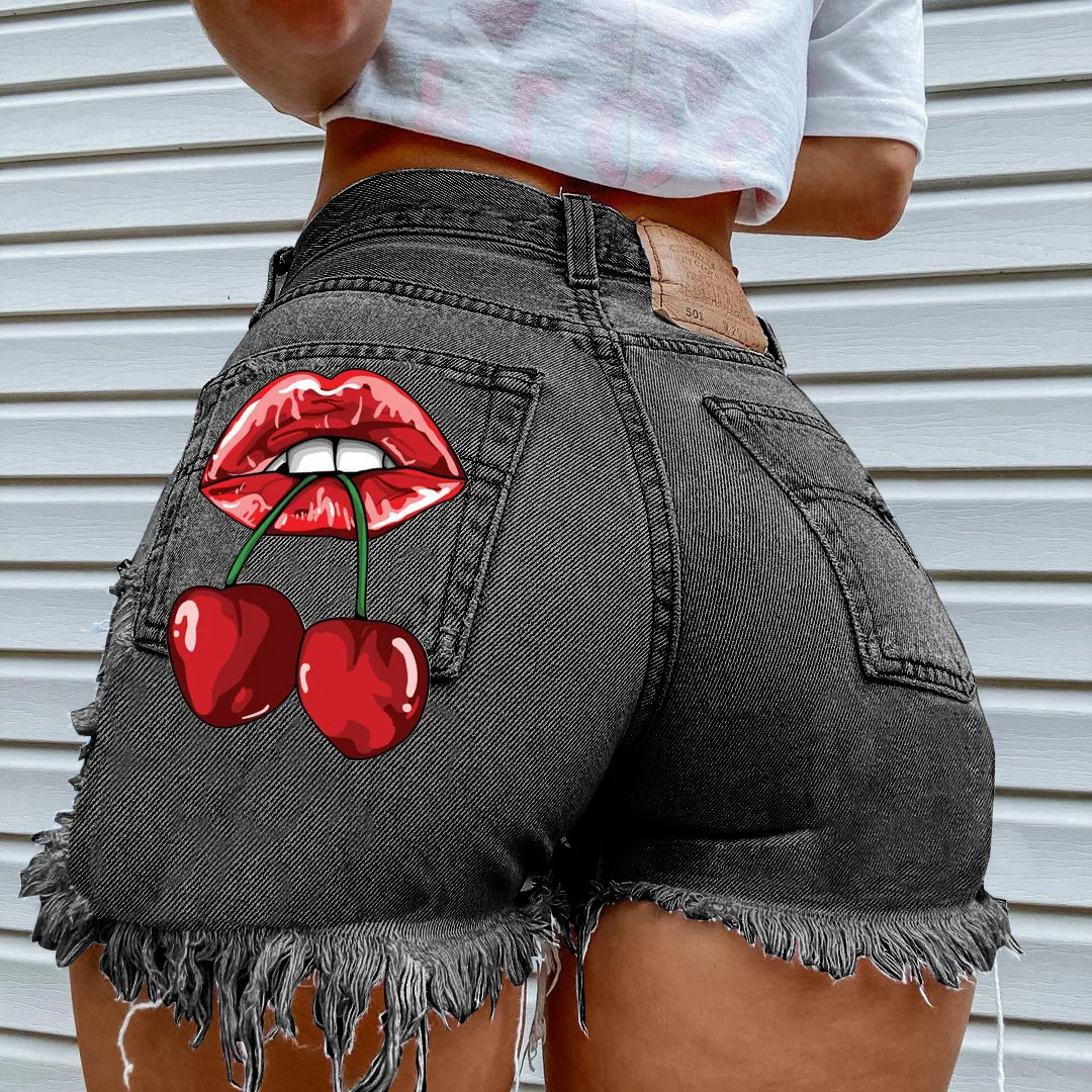 Pantaloncini di jeans con stampa a cuore Sexy donna Casual 2023 Summer Fashion harajuku Streetwear foderato in pelliccia aperture per le gambe pantaloncini di bottino di jeans y2k