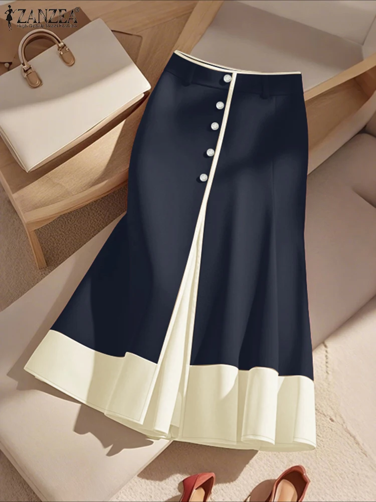 ZANZEA Stylish Women High Waist Office Skirts Patchwork Party Jupes Elegant A-line OL Work Faldas Saia 2025 Autumn Midi Skirt