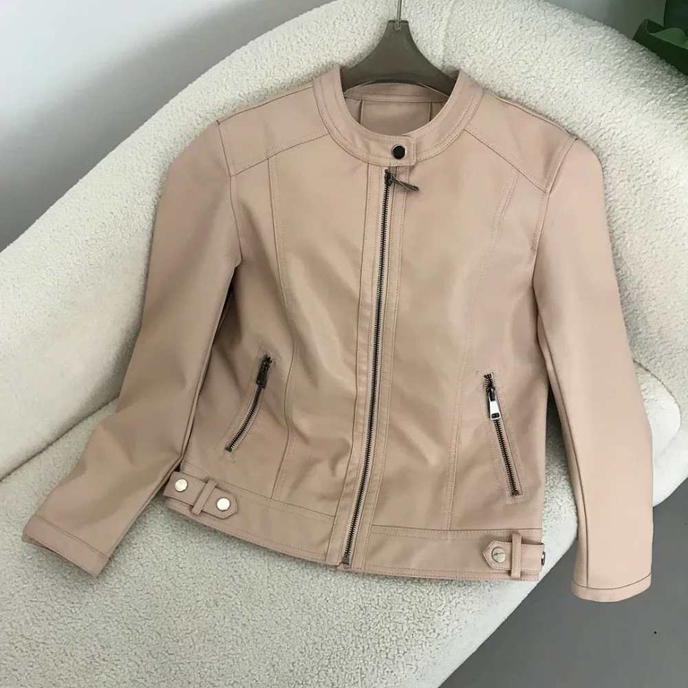 PU Leather Jacket 2024 Spring Autumn Style Round Neck Casual Fashion Slim Versatile Trendy Motorcycle Faux Leather Jacket Women