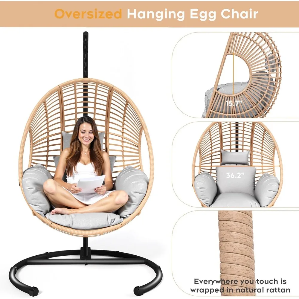 Chaise pivotante d'extérieur en osier toutes saisons avec housse de pluie, support de chaise à œufs robuste de capacité de 400 lb