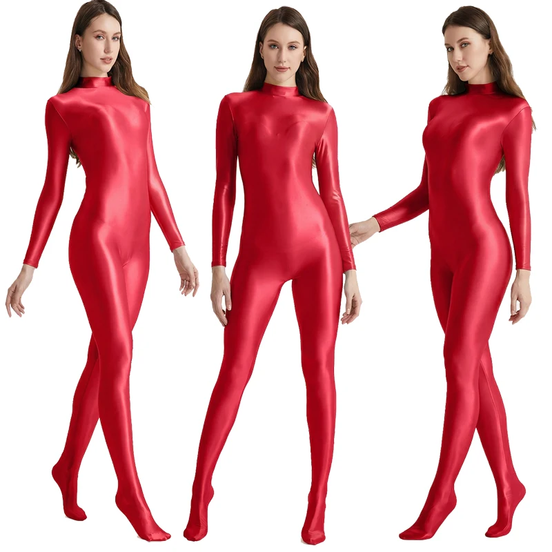 Festival Party Halloween Glossy Shiny Zentai Catsuit for Women High Neck Ultra Soft Yoga Full Body Bodysuit Cosplay Costume
