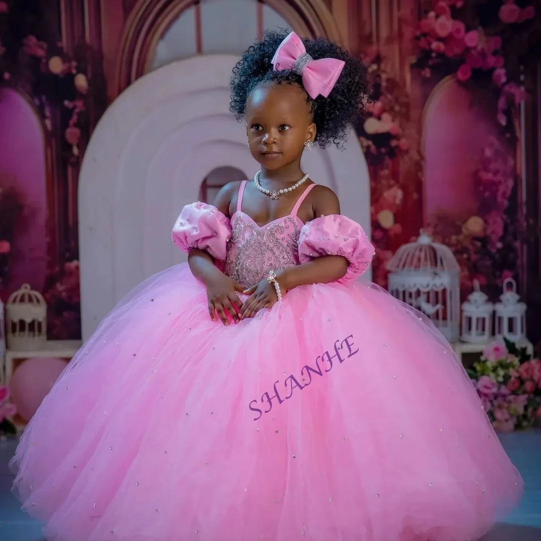 맞춤형 핑크 플라워 걸 드레스 웨딩용 리본 오프 숄더 플로어 길이 베이비 걸 프롬 가운 사진 촬영용 첫 성찬식용