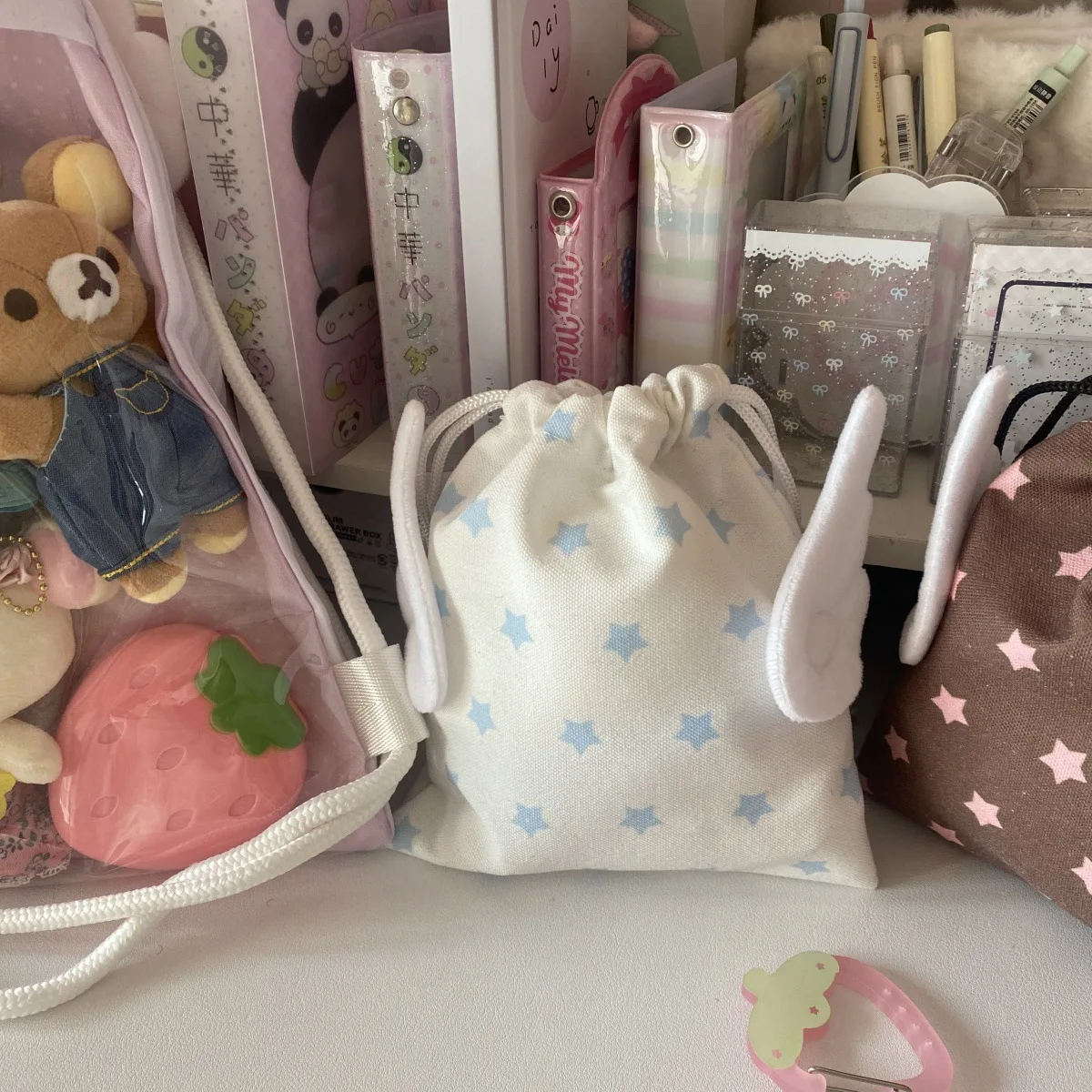 Tas Kosmetik Desain Tali Serut Pola Bintang Portabel Fashion, Tas Penyimpanan Alat Tulis Kanvas Anti Debu