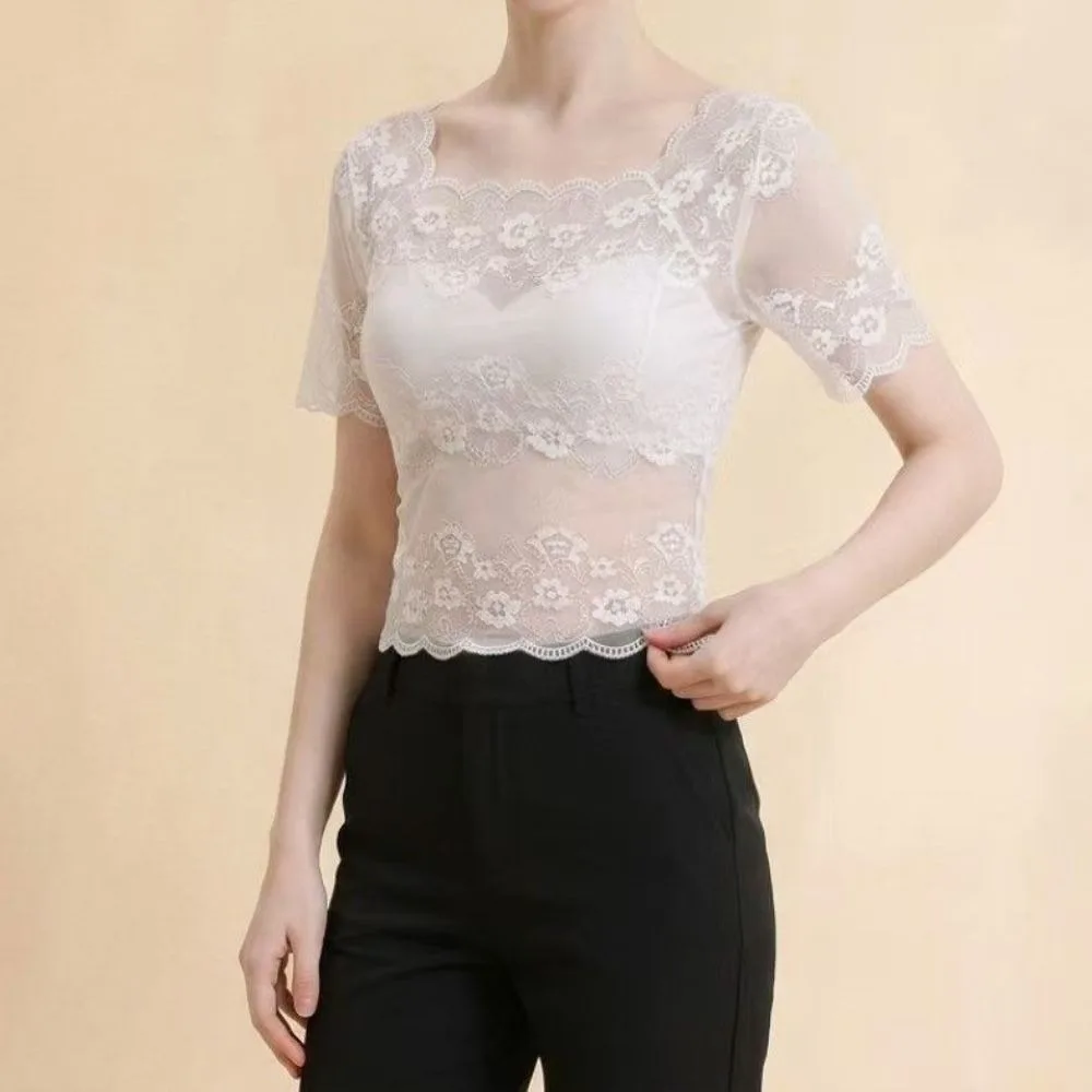 Cool Nylon Lace Short Sleeve Top Thin Light Fabric Breathable Hollow Out Layering Tee Short Sleeve Sling Dress Cover Up Women