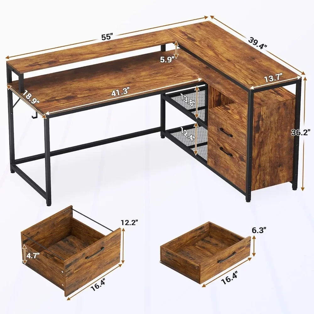 L Shaped Gaming Desk com luzes LED, L Shaped Desk, 55 \