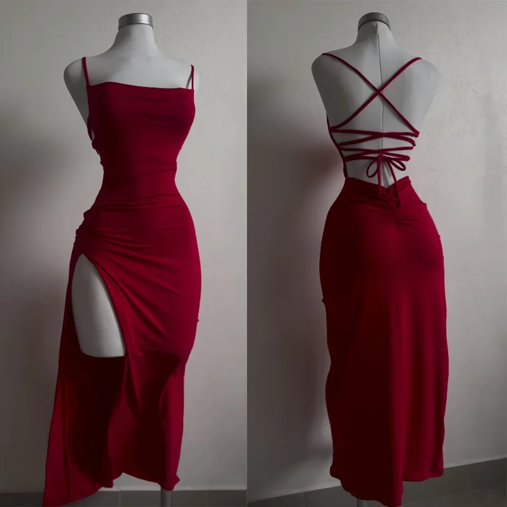 European American Sexy Women's Dress Red Slim Sleeveless Suspender Back Strap Long Skirt Women's Open Back and Slit Dresses Y2k