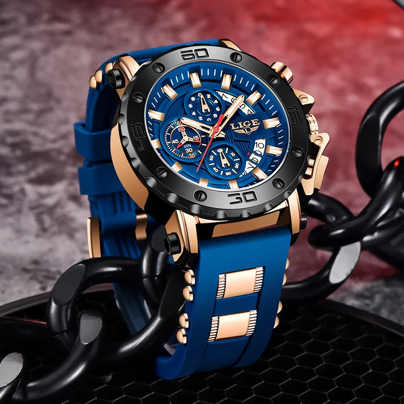 LIGE Mens Watch Blue Dial Military Sports Quartz Watches Men Waterproof Fashion Luminous Calendar Man Watch Business Male Clock