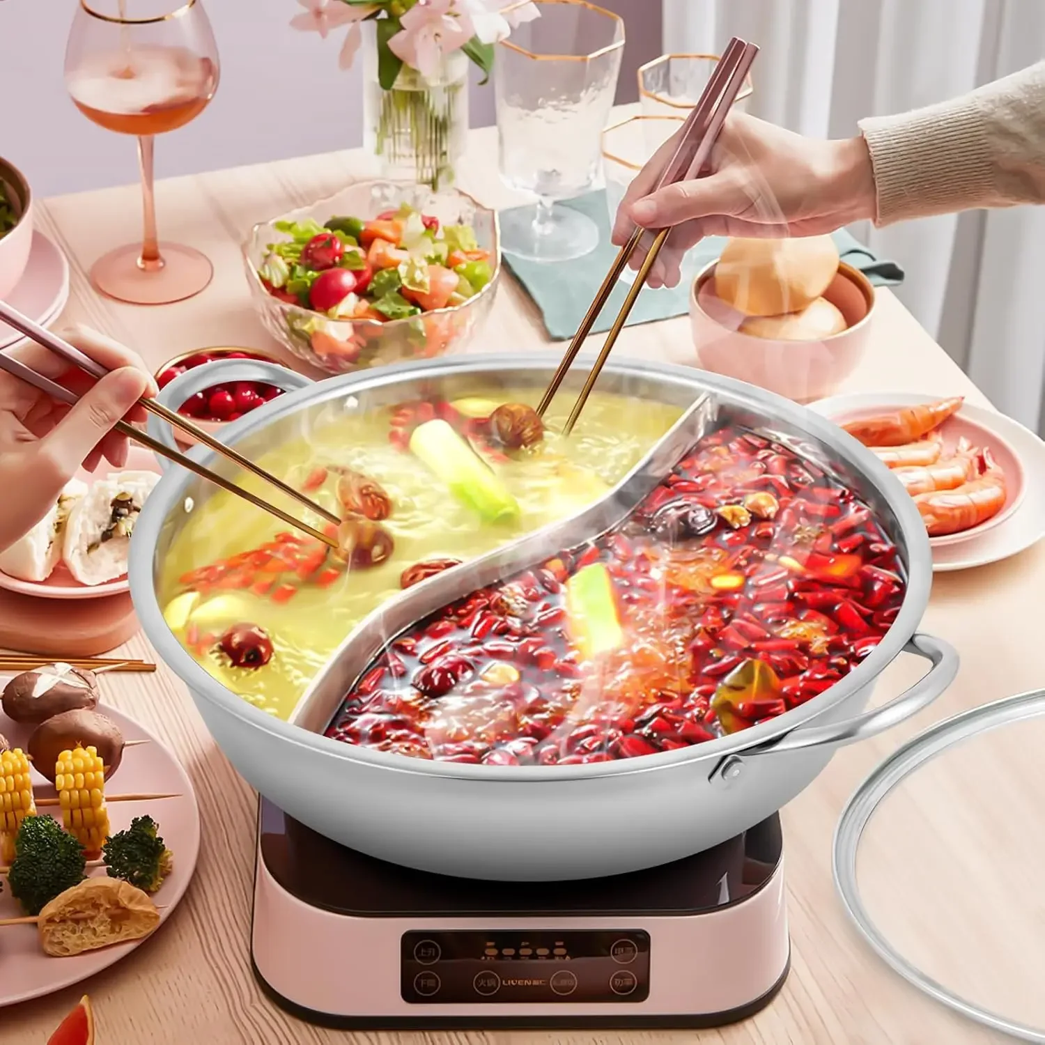 28cm 2-in-1 Edelstahl Hot Pot mit Glasdeckel & Trennwand, Doppel-Suppentopf, Multifunktions-Kochtopf für Familienmahlzeiten