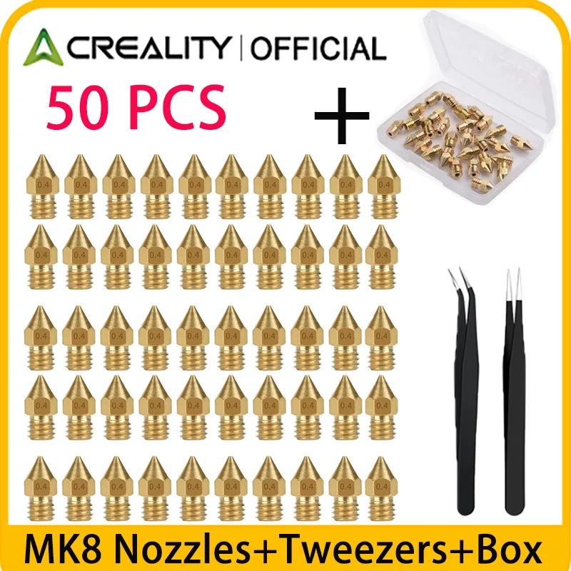 

Creality 50PCS MK8 Brass Nozzles with Tweezers & Storage Box,for Ender 3 CR 10 Ender 5 Series Official nozzles kit 3D Printer Pa
