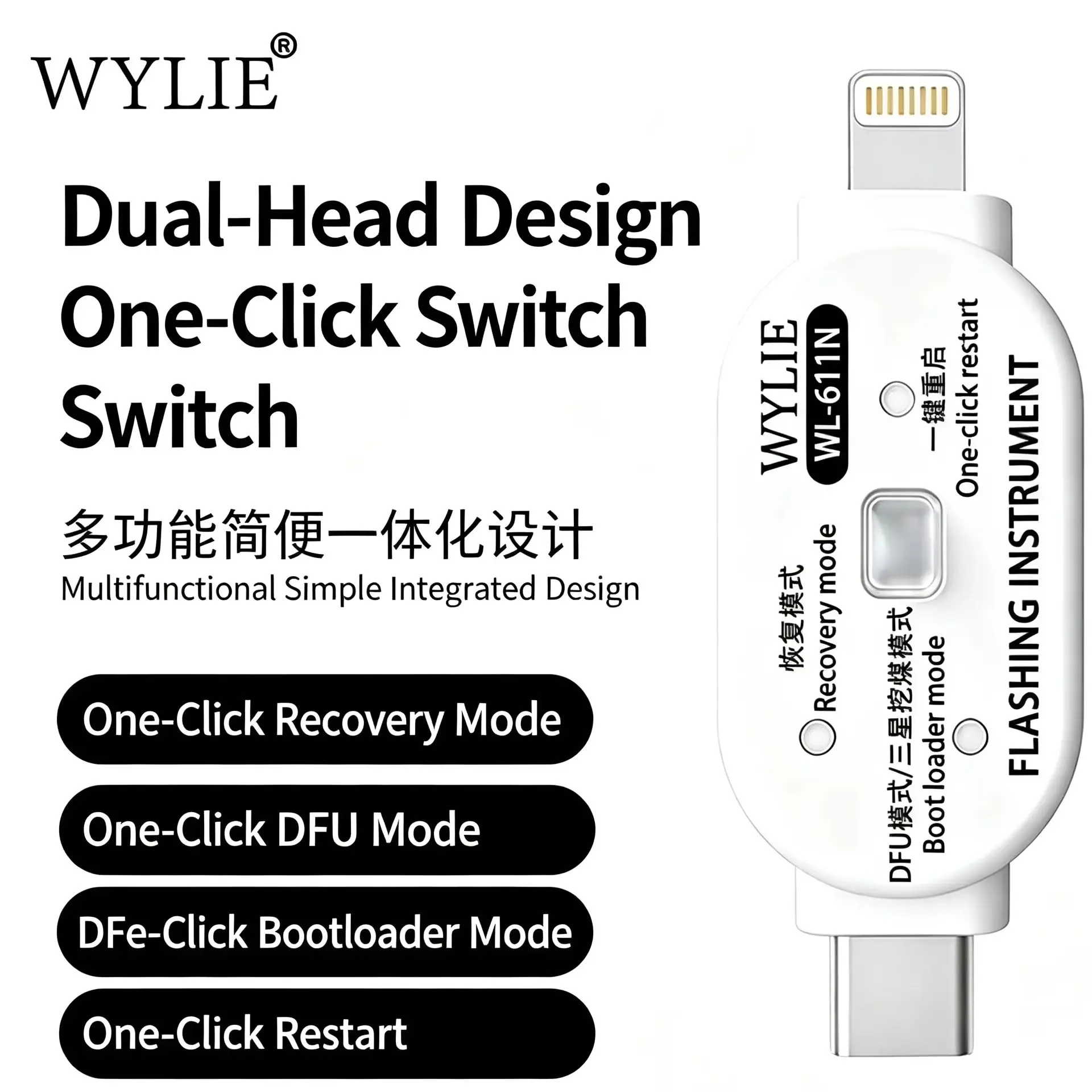WYLIE WL-611N Flashing Engineering Cable Dual Head One Click Enter DFU Recovery Mode Restart for iPhone iPad Full Series Repair