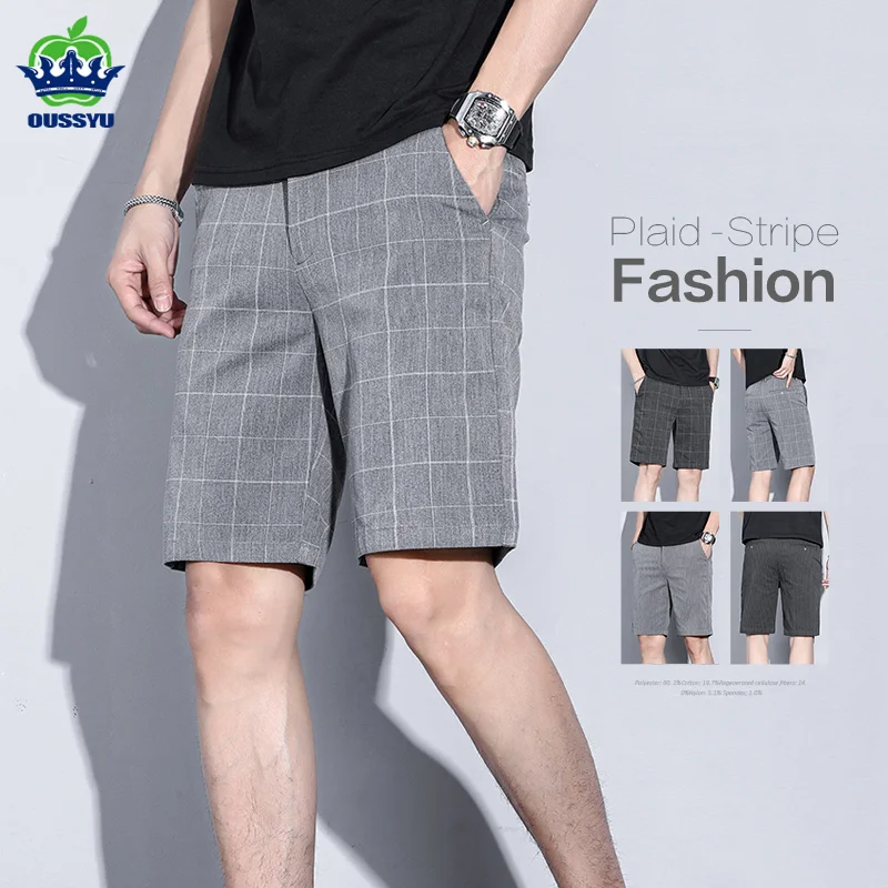

Summer Thin Plaid Stripe Shorts Men Business Knee Length Pants Straight Beach Short Korea Fashion Grey Pant Male Brand Clothing
