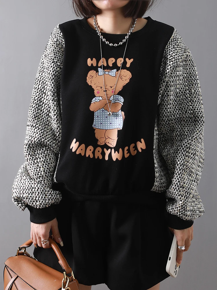 Cartoon O Neck Pullovers Hoodies Spliced Woolen Sparkles Female Tops Sweatshirts Black Grey Fashion Sequins Jumper Fall Winter