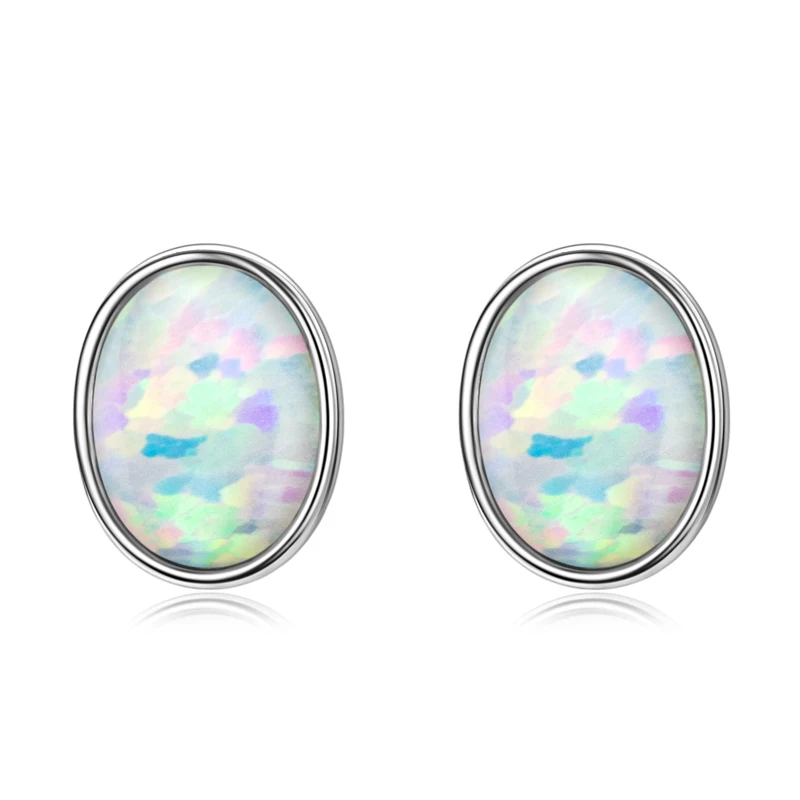 

6x8mm Oval White Opal Bezel Set Earrings 925 Sterling Silver Women Simple Casual Ear Studs for Birthday Engagement Jewelry Gift