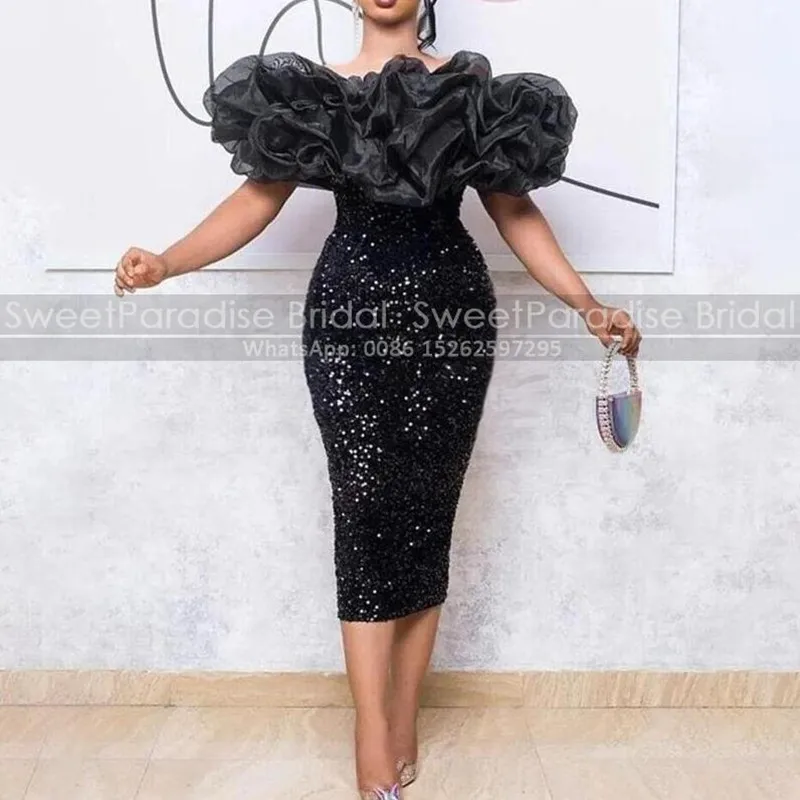 

Black Sequins Sheath Cocktail Dresses Organza Off Shoulder Tea Length Customized Plus Size Women Mermaid Party Dress