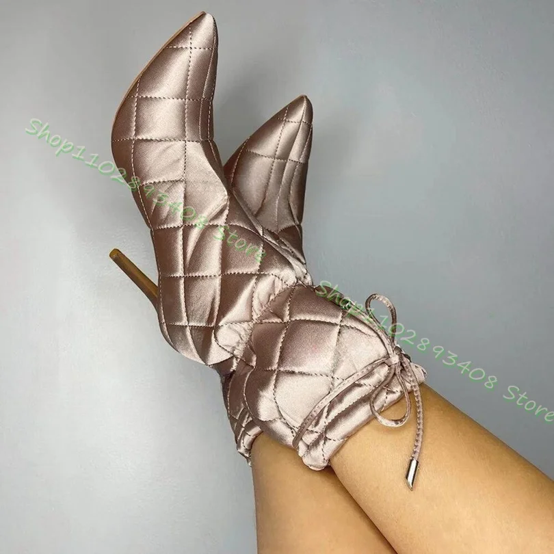 

Champagne Lace up Stiletto Boots Elastic Band Pointed Toe High Heels Women Winter Party Warm Cotton Shoes Zapatos Para Mujere