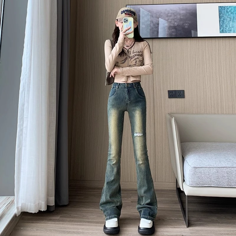 

Retro do old washed micro flare jeans female spring new elastic Slim thin high waist horseshoe pants tide