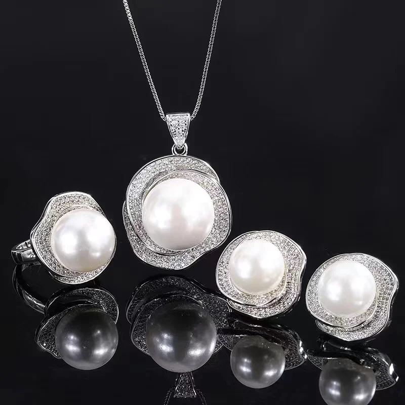 

EYER Fine Jewelry CZ Zirconia Natural Pearl Necklace Sets Fresh Water Pearl Necklace Earrings Ring Sets For Women Presents