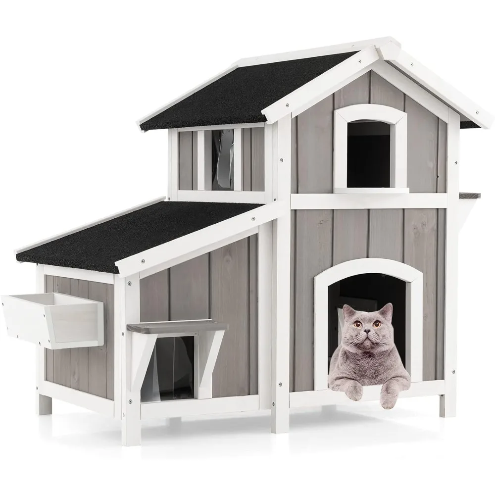 

2-Story Outdoor Cat House, Wooden Feral Cat House W/Escape Doors, PVC Curtains, Weatherproof Asphalt Roof, Decorative Flower Bo