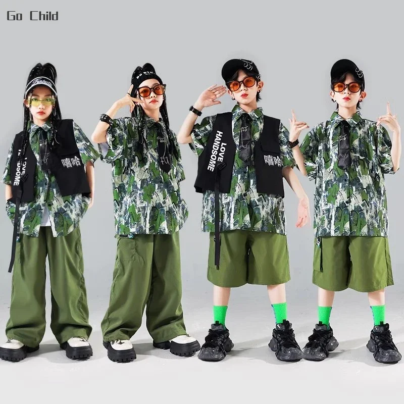 

Children Streetwear Boys Hip Hop Vest Graffiti Shirt Cargo Pants Girls Street Dance Shorts Clothes Sets Kids Jazz K-pop Costumes