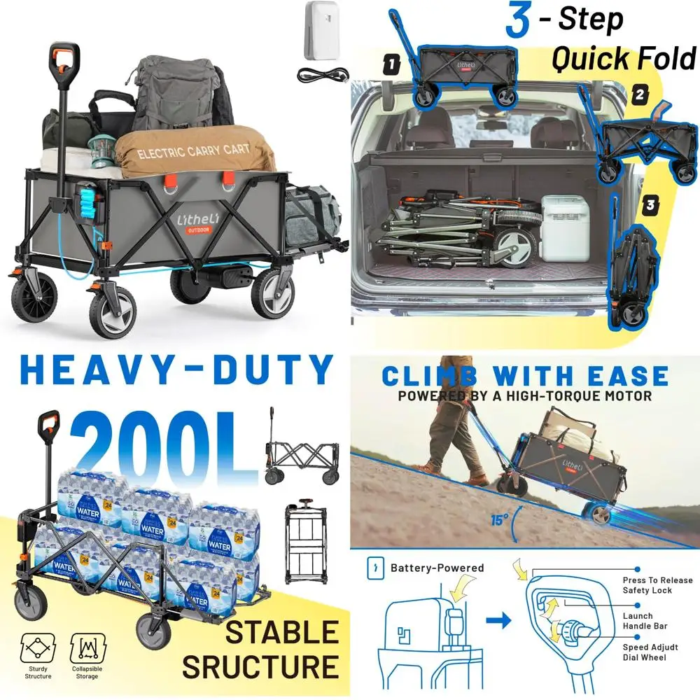 Carro utilitario eléctrico con batería con ruedas todo terreno, capacidad de 200 litros, capacidad de carga de 300 libras, velocidad variable, pesado