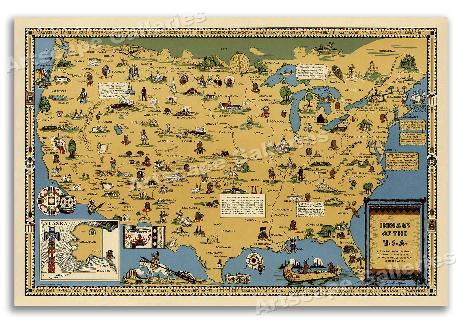 Indianen van de VS Native American Tribes historische vintage kaart wanddecoratie kunstprint poster wand schilderij