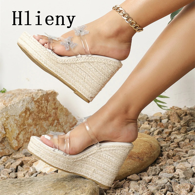 Hlieny 2024 New PVC Transparent Butterfly-knot Wedges Slippers Women Sandals Solid Platform Wedges High Heels Summer Shoes