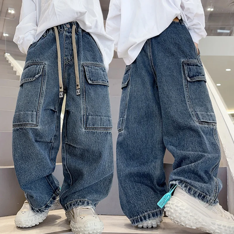 

Классический дизайн, детские модные джинсы-карго с большим карманом для подростков, детские повседневные джинсовые брюки-карго, роскошная одежда для мальчиков высокого качества