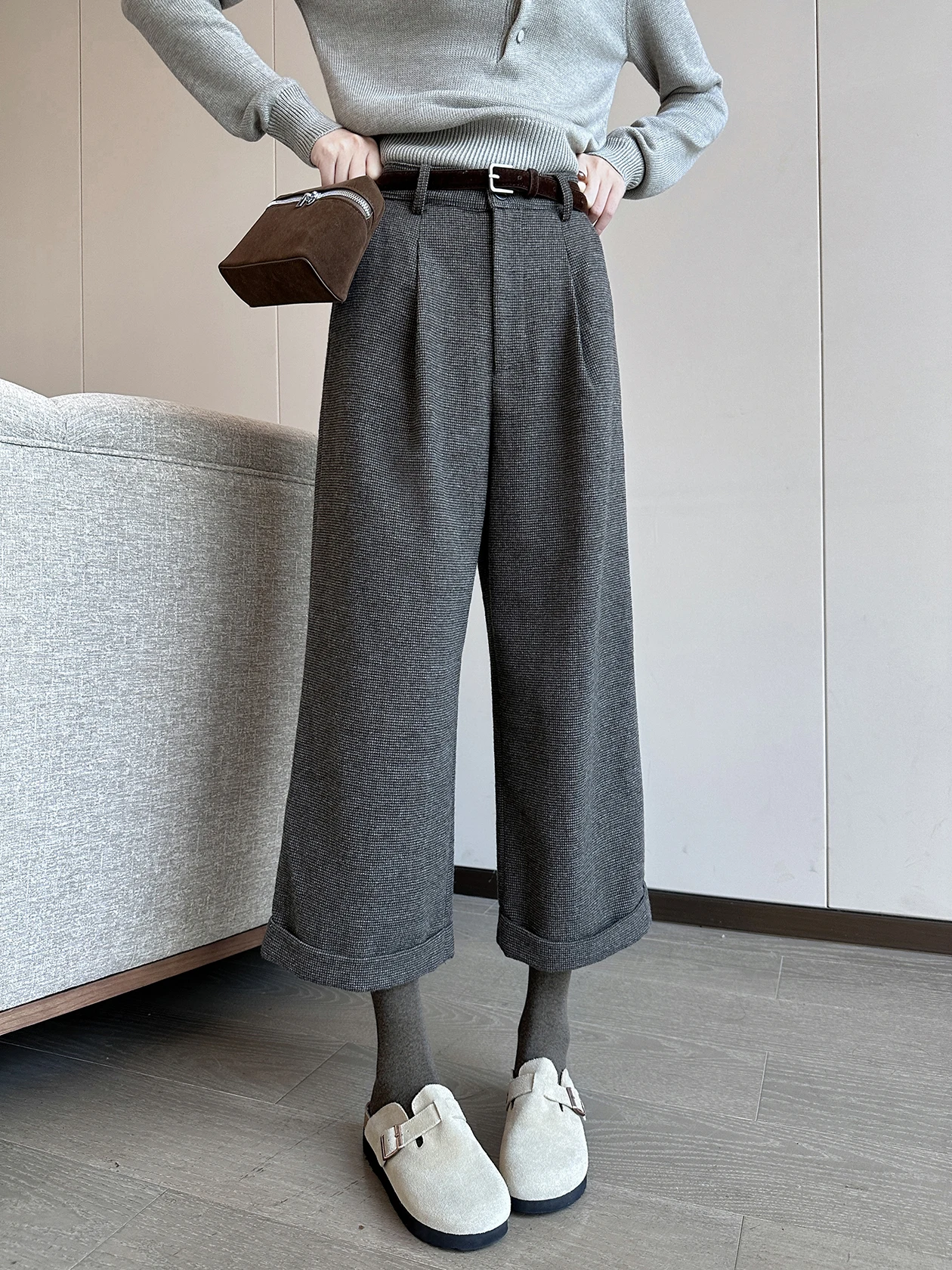 

High Waist ey Retro Plaid Women's Casual Pants Winter 2025 New Straight Cut Versatile Woolen Long Trousers for Ladies