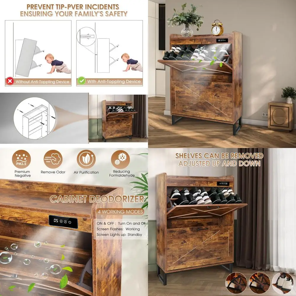 

Brown Freestanding Shoe Cabinet with Flip Drawers and Deodorizer for Entryway, 31.5x9.45x43.3