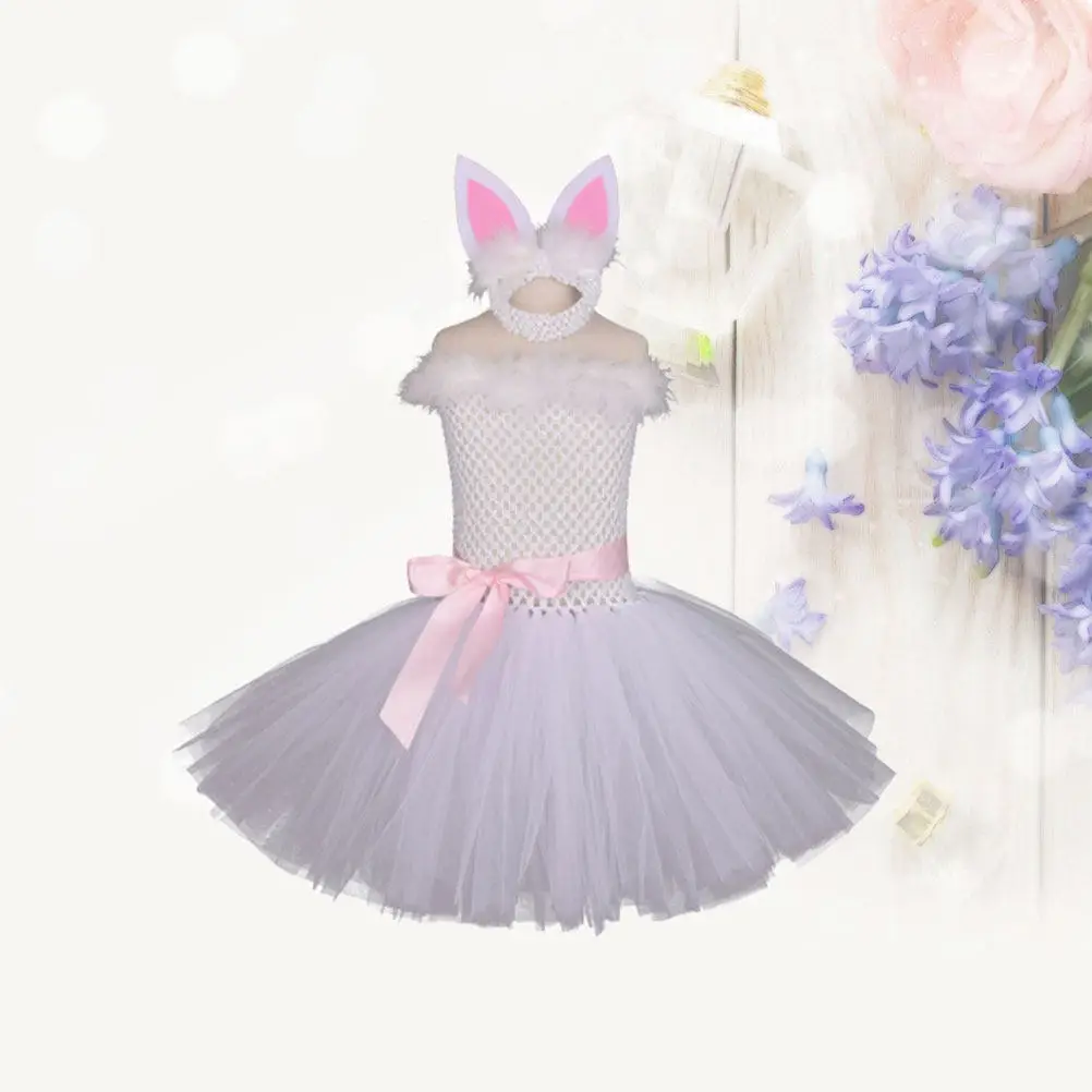 2Pcs Rabbit Costume Set White Size 110 Lovely Easter Party Headdress Dress Kid Festival Outfit Girl Cosplay Birthday Gift