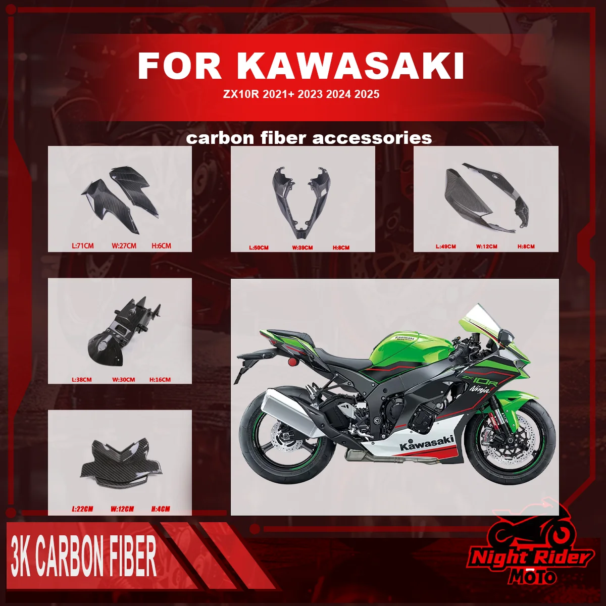 

For Kawasaki ZX10R 2021+ 2023 2024 2025 Carbon Fiber Fender Fuel Tank Side Panel Frame Fairing Kit Motorcycle Accessories