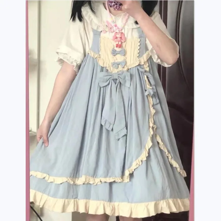 Vestido Lolita Harajuku para mulheres, vestido de colete solto de comprimento médio, novo fungo azul, E-Girl, Y2K, verão, 2024