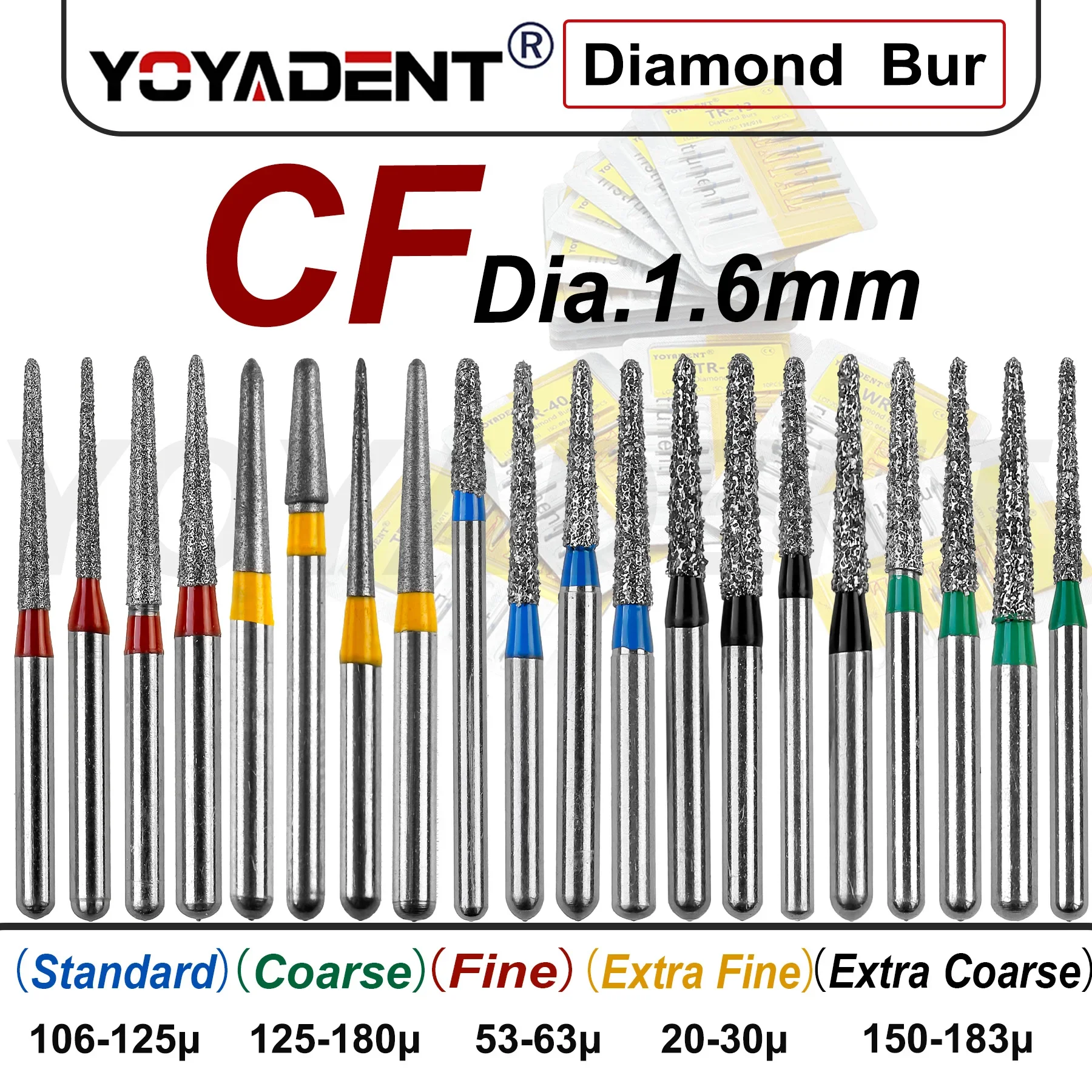 Dental Diamond Burs CF Standard/Extra Coarse/Coarse/Extra Fine/Fine Type Dentistry Drills For High Speed Handpiece Dia.1.6mm