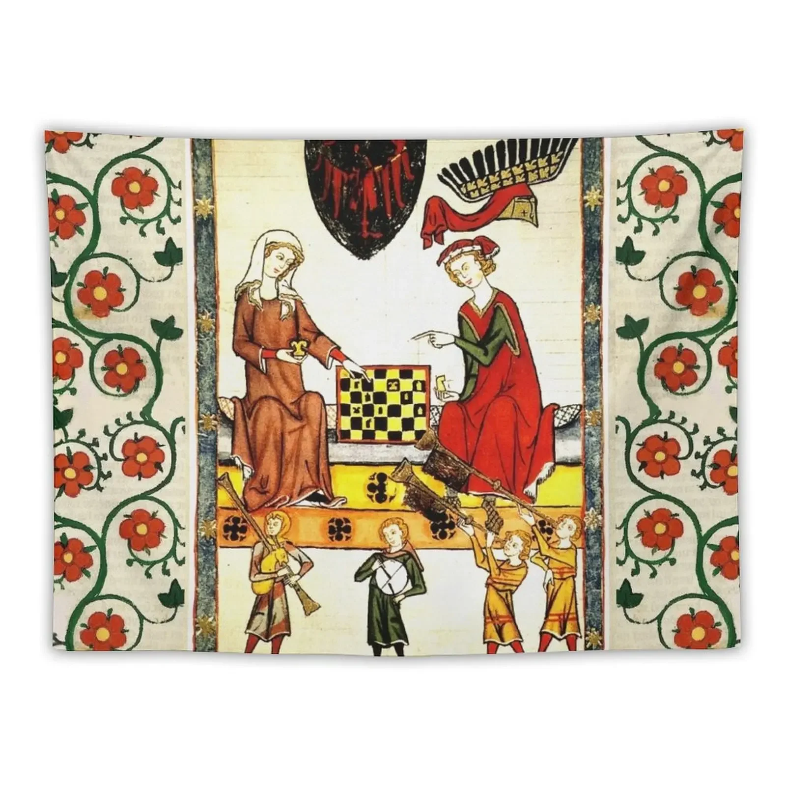 MEDIEVAL CHESS PLAYERS IN COURT WITH MUSICIANS AND RED WILD ROSES Tapestry Aesthetic Room Decorations Wall Decor Tapestry