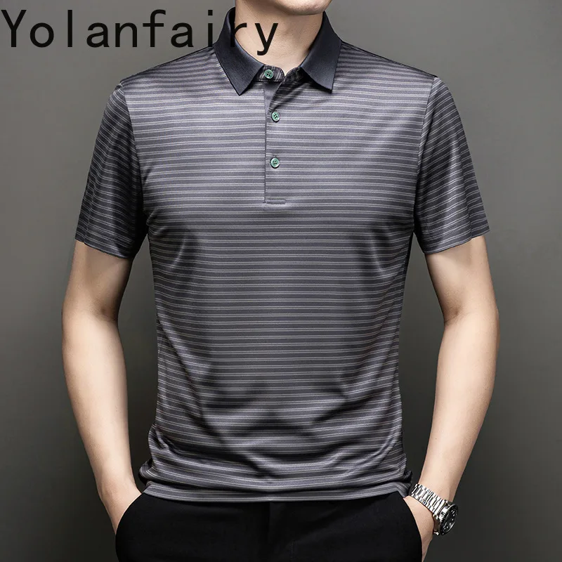 YOLANFAIRY Mulberry Silk Mens T Shirt Polo Shirts Herren Mens Shirts Short Sleeves Polos Hombre 2024 Summer Mens Clothing