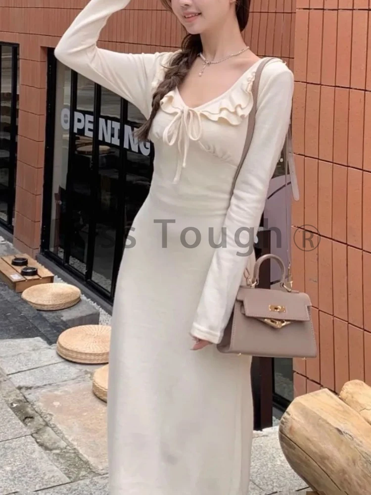 Autumn Korean Fashion Sweet Solid Dress Women V Neck Bow Elegant Slim Long Dress Female Sexy Design Sense Aesthetic Clothes 2024