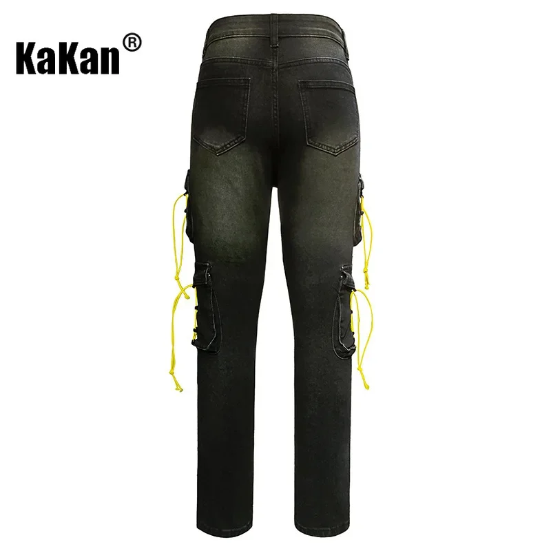 Kakan - European and American Men's Drawstring Slim Fit Multi Pocket Jeans, High Street Tight Leggings New Jeans