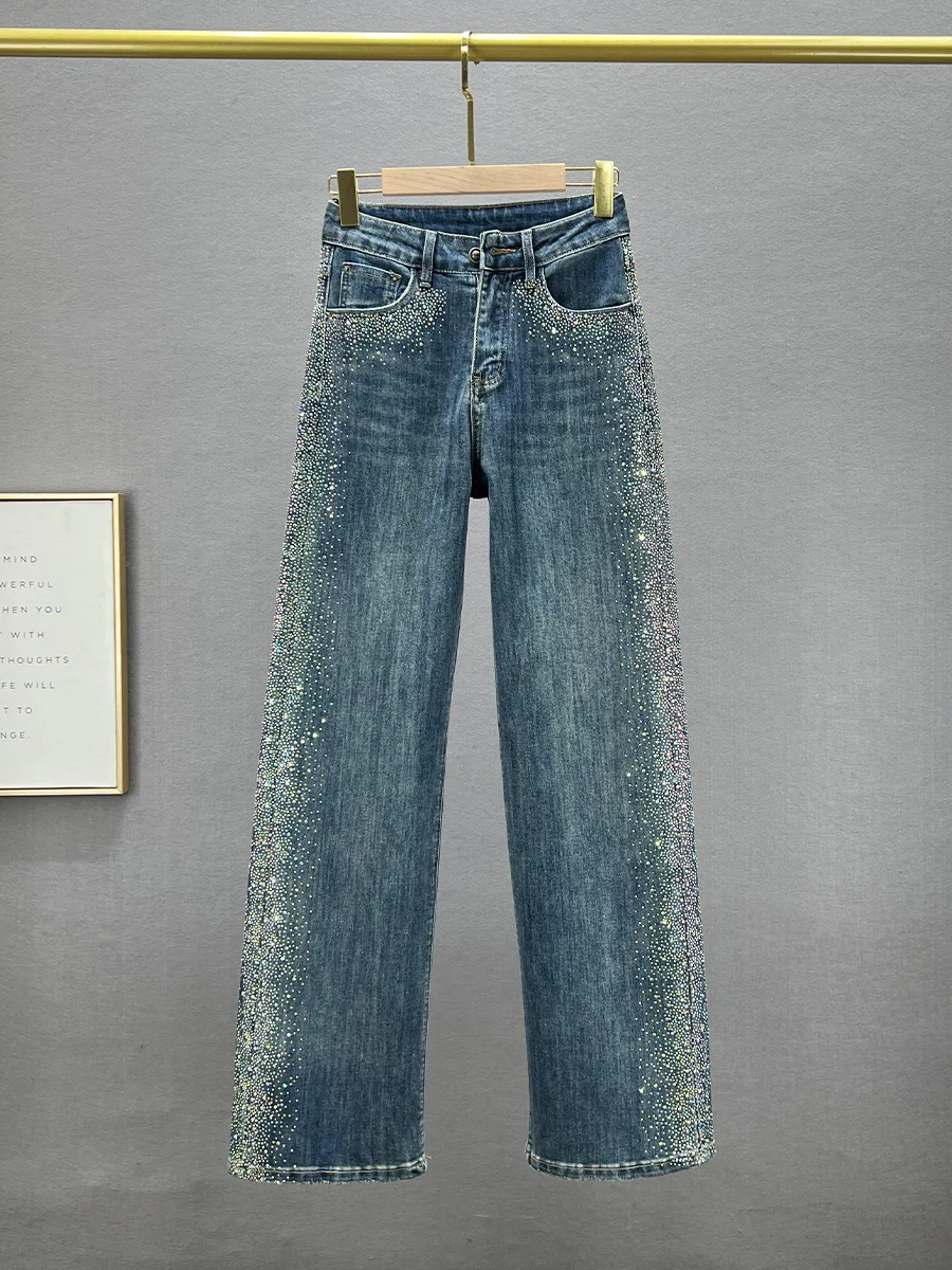 

Trendy European Sle High Waist Wide Leg Jeans Women's Loose Fit Slimming Diamond Embellied Floor Length Spring Pants