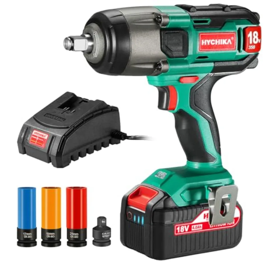 

Аккумуляторный ударный гайковерт HYCHIKA 18 В Max, 1/2 дюйма, высокомоментный, 350 Н·м, 1 аккумулятор 4000 мАч, 3 насадки