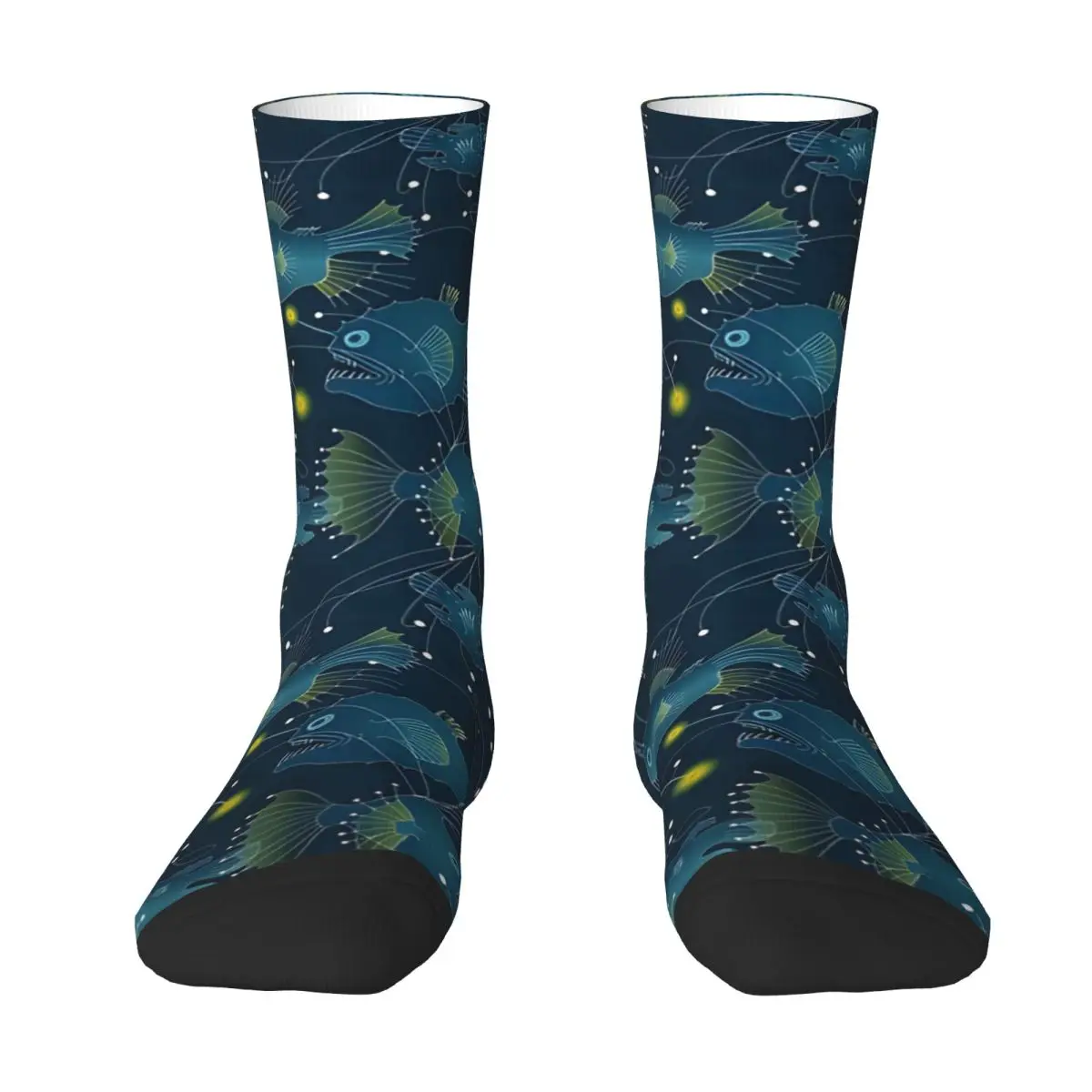 Funny Men's Socks Angler Fish Blue Retro Hip Hop Novelty Crew Sock Gift Pattern Printed