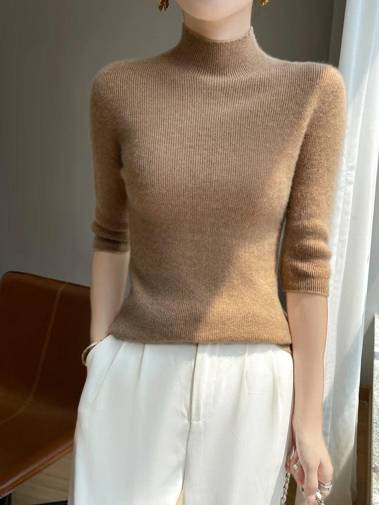 2025 New Fall Winter Sweater Half High Collar Pullover Half Sleeve Knitwear Women's SLIM Sweater Fashion Comfortable Sweater Top