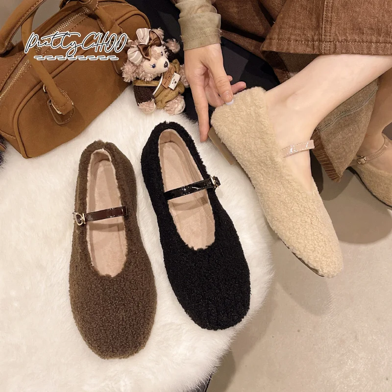 

Vintage Flat Teddy Fur Mary Jane Shoe Woman Winter Round Toe Buckle Strap Lambswool Ballerina Shoe Ladies Elegant Dress Zapatos