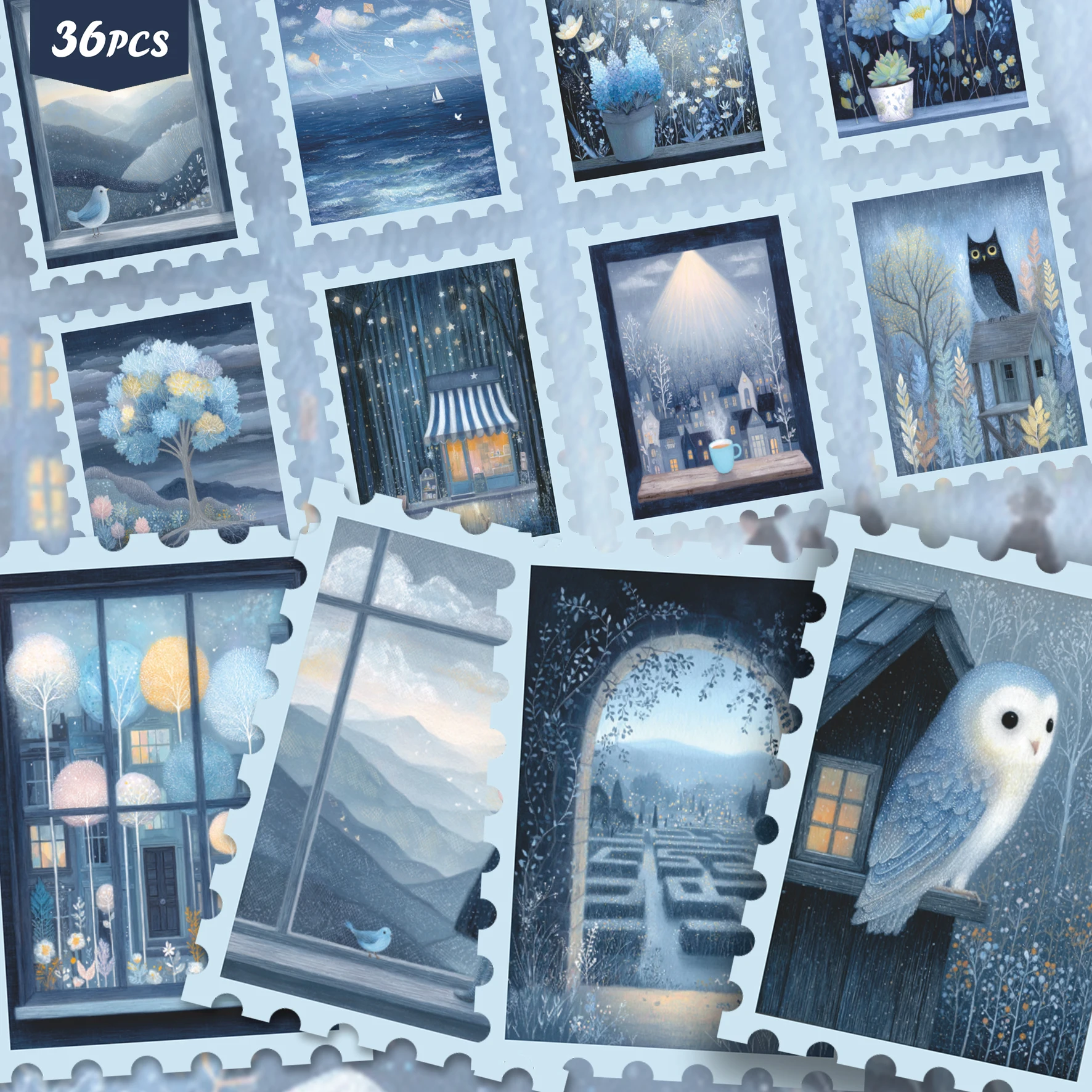 36PCS Vintage Blue Tone Stamp Cutout Stickers for laptops, Dreamy Night Landscape with Starry Sky and Warm Lit Houses, Ideal for